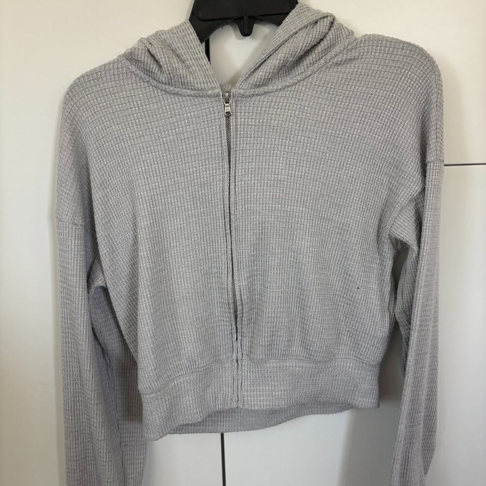 Hollister Grey Waffle Cropped Zip Up Hoodie Size Small